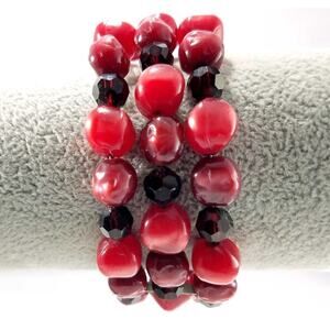 Vintage Red Lucite Moonglow Memory Wire Bracelet 3 Row Retro Jewelry